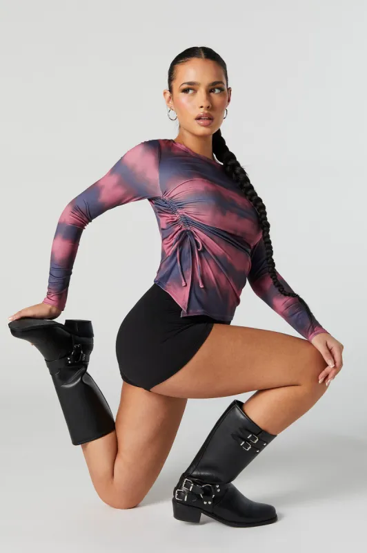 Contour Printed Asymmetrical Cinched Long Sleeve Top sold by Charlotte Russe