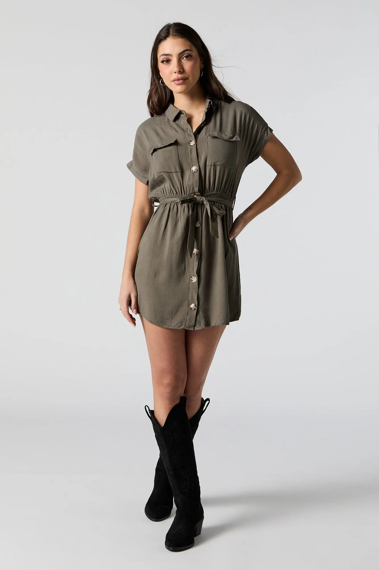 Button-Up Belted Short Sleeve Mini Dress sold by Charlotte Russe product image thumbnail 3