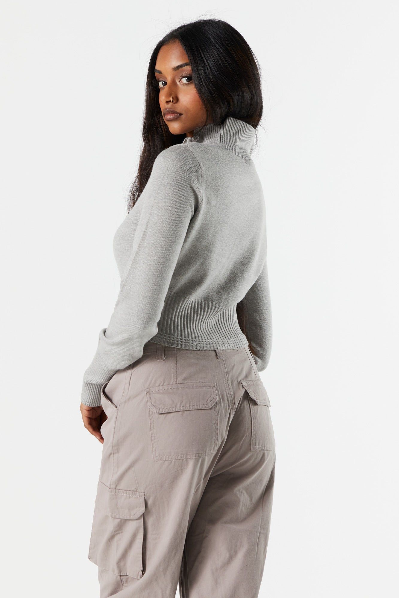 Ribbed Knit Mock Neck Zip-Up Sweater sold by Charlotte Russe product image thumbnail 2