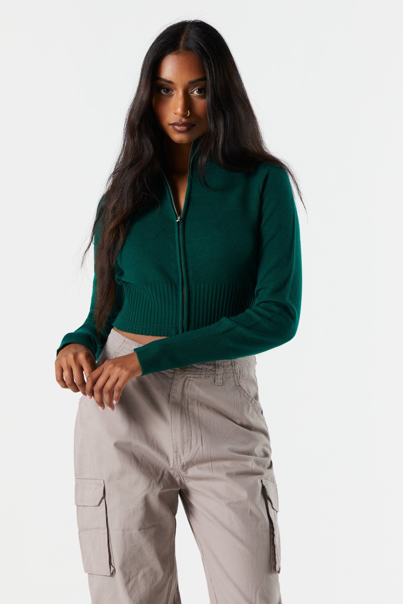 Ribbed Knit Mock Neck Zip-Up Sweater sold by Charlotte Russe product image thumbnail 4