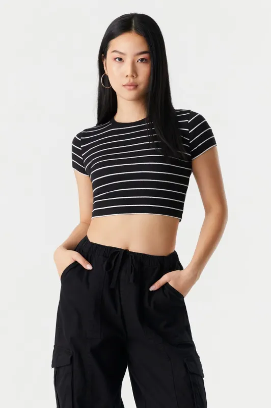 Striped Ribbed Crew Neck Cropped T-Shirt sold by Charlotte Russe