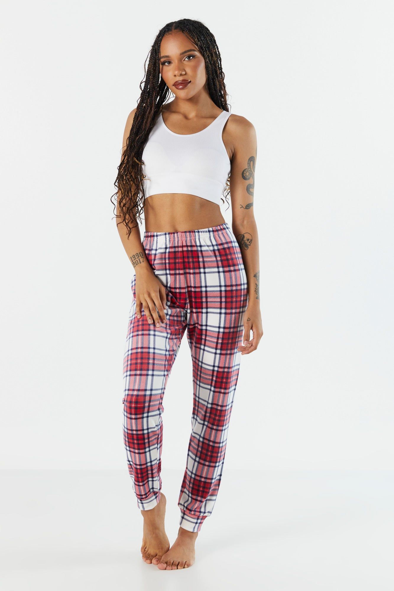 Red Plaid Print Velour Pajama Jogger sold by Charlotte Russe product image thumbnail 4