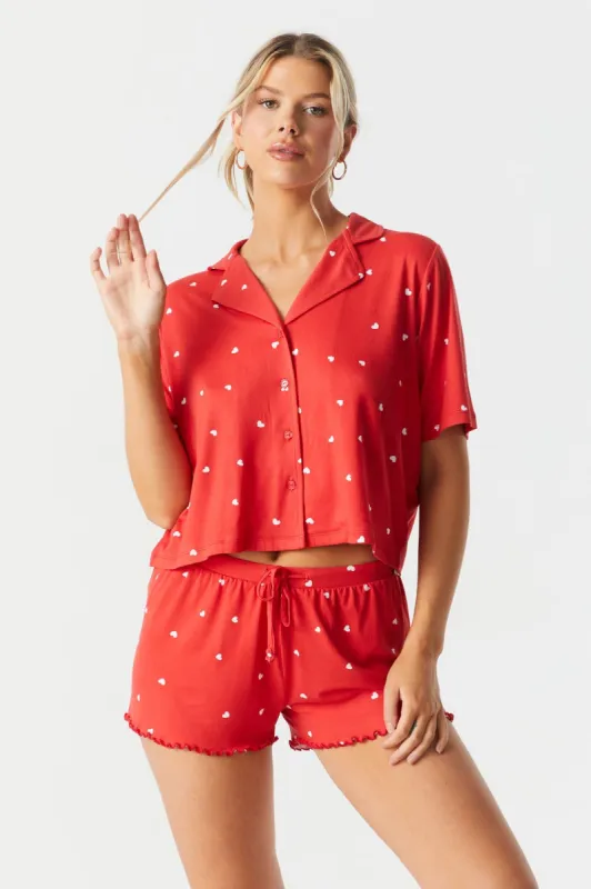 Soft Heart Print Button-Up Short Pajama Set sold by Charlotte Russe