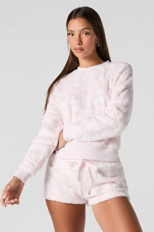 Printed Plush Long Sleeve Top and Short 2 Piece Pajama Set sold by Charlotte Russe