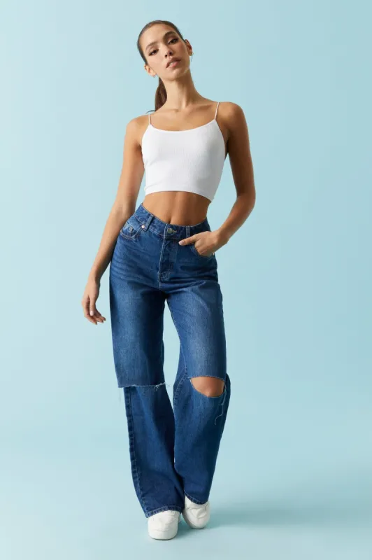 Refuge Distressed Dark Wash Wide Leg Jean sold by Charlotte Russe