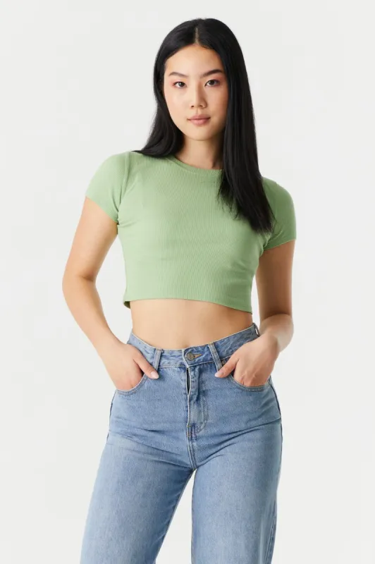 Ribbed Crop Crew Neck T-Shirt sold by Charlotte Russe