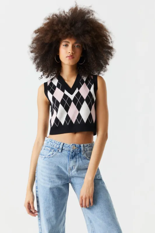 Black Argyle Print V-Neck Cropped Knit Vest sold by Charlotte Russe