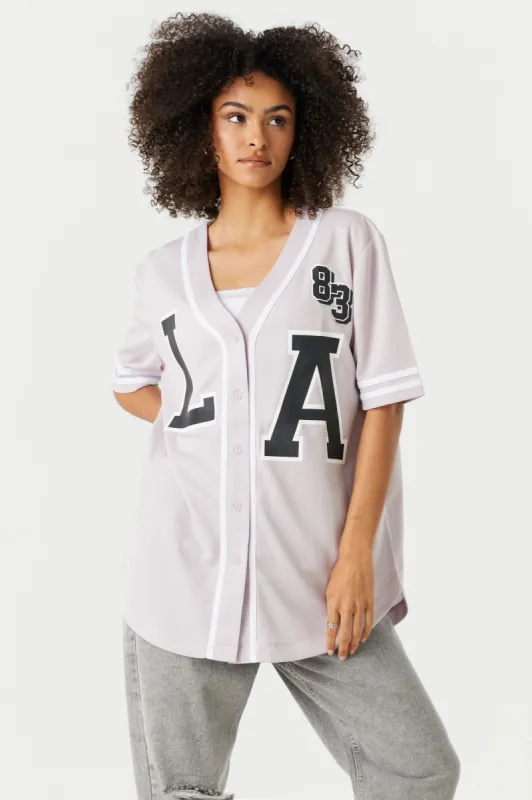 LA 83 Graphic Button-Up Baseball Jersey sold by Charlotte Russe