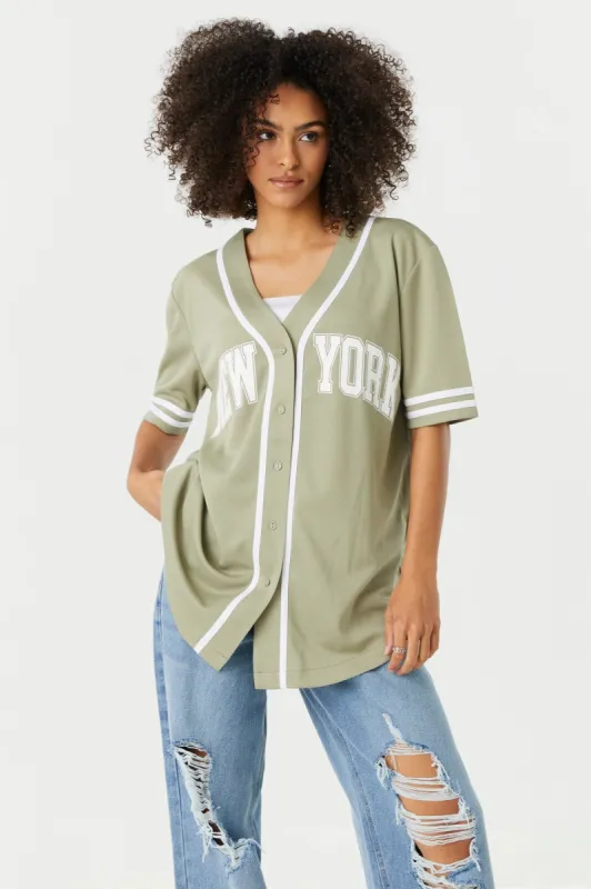 New York Graphic Button-Up Baseball Jersey sold by Charlotte Russe