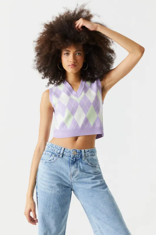 Purple Argyle Print V-Neck Cropped Knit Vest sold by Charlotte Russe