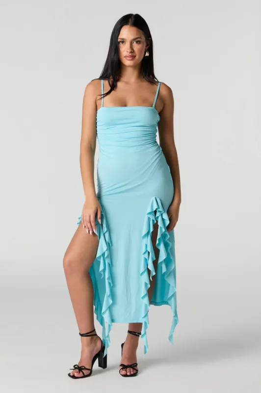 Ruched Ruffle Leg Slit Midi Dress sold by Charlotte Russe