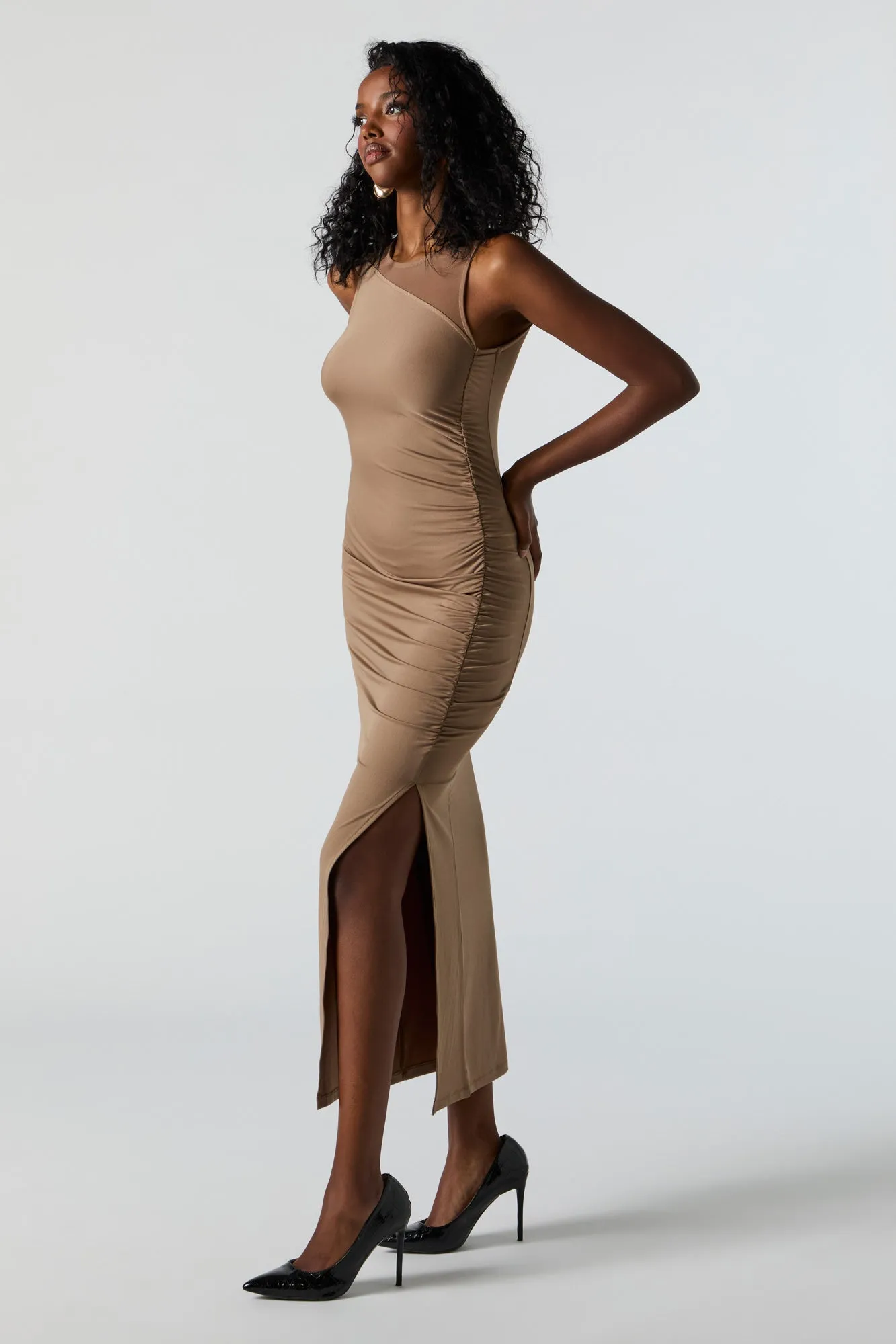 Mesh Ruched Slit Maxi Dress sold by Charlotte Russe product image thumbnail 2