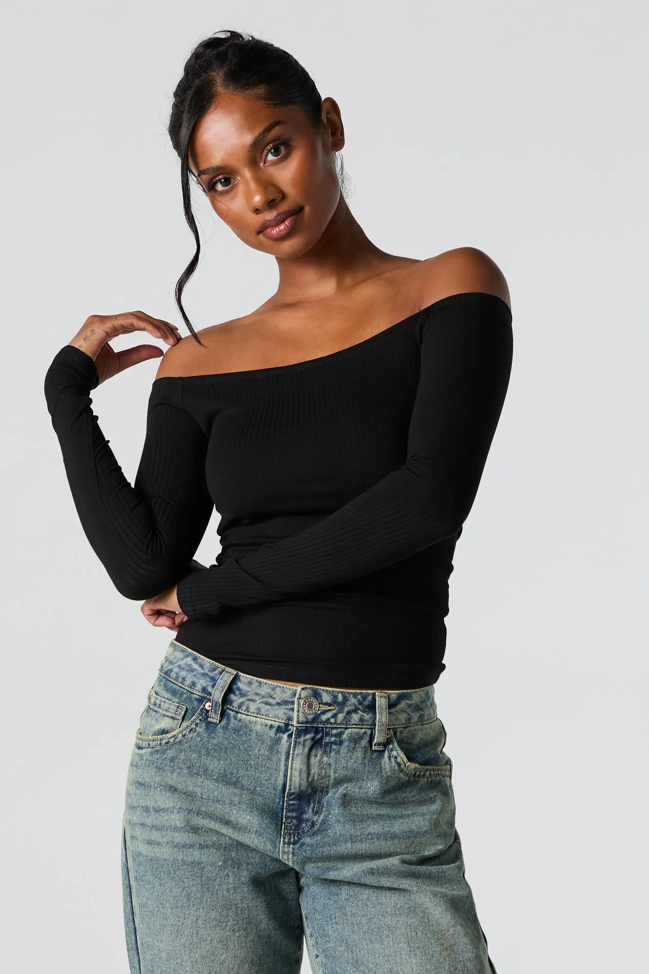 Ribbed Off Shoulder Long Sleeve Top sold by Charlotte Russe product image thumbnail 5