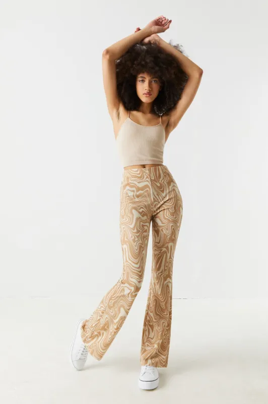 Tan Marble High-Rise Crepe Knit Flare Pant sold by Charlotte Russe