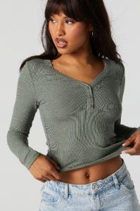 Ribbed Henley Long Sleeve Top sold by Charlotte Russe