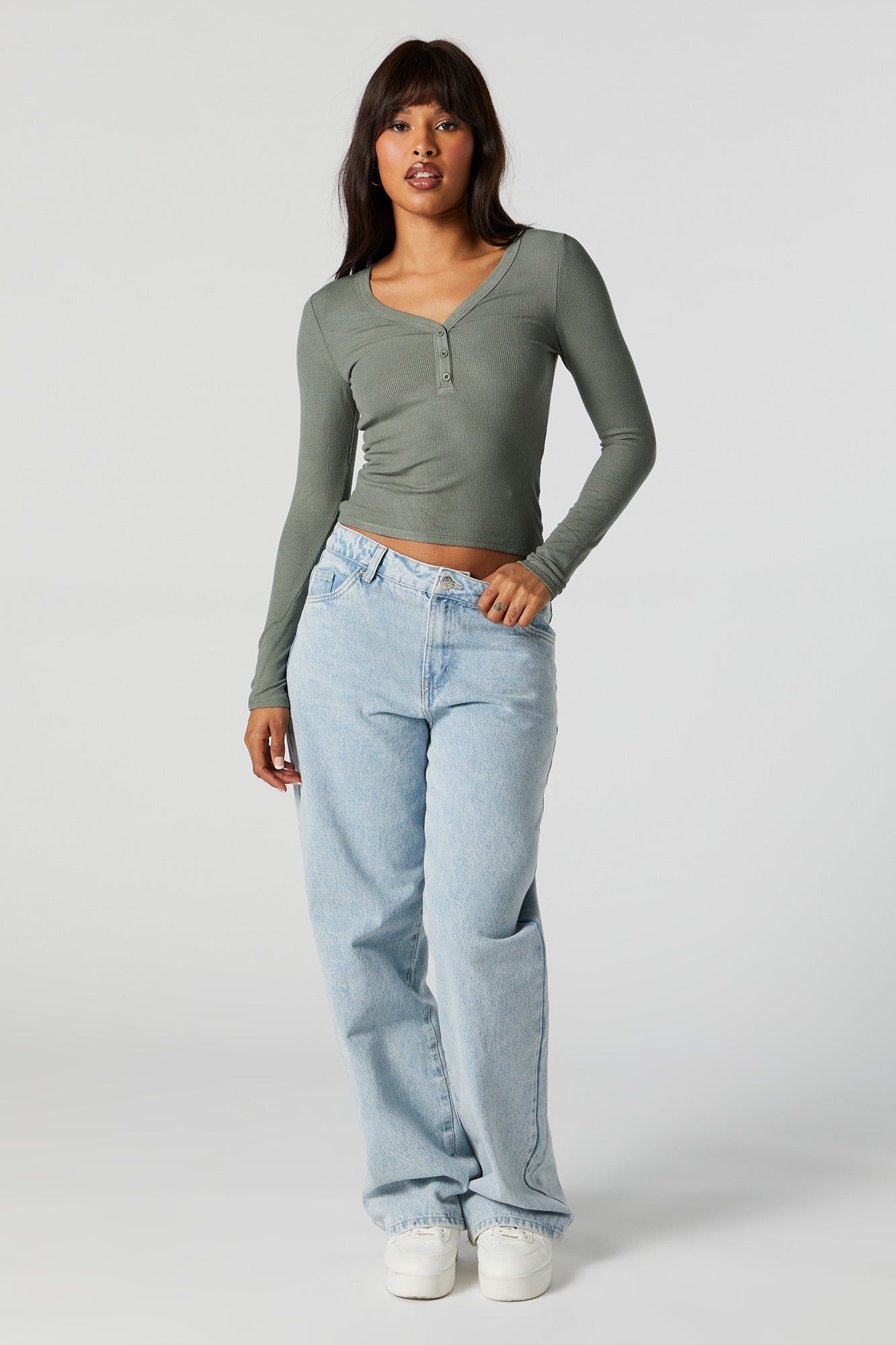 Ribbed Henley Long Sleeve Top sold by Charlotte Russe product image thumbnail 4