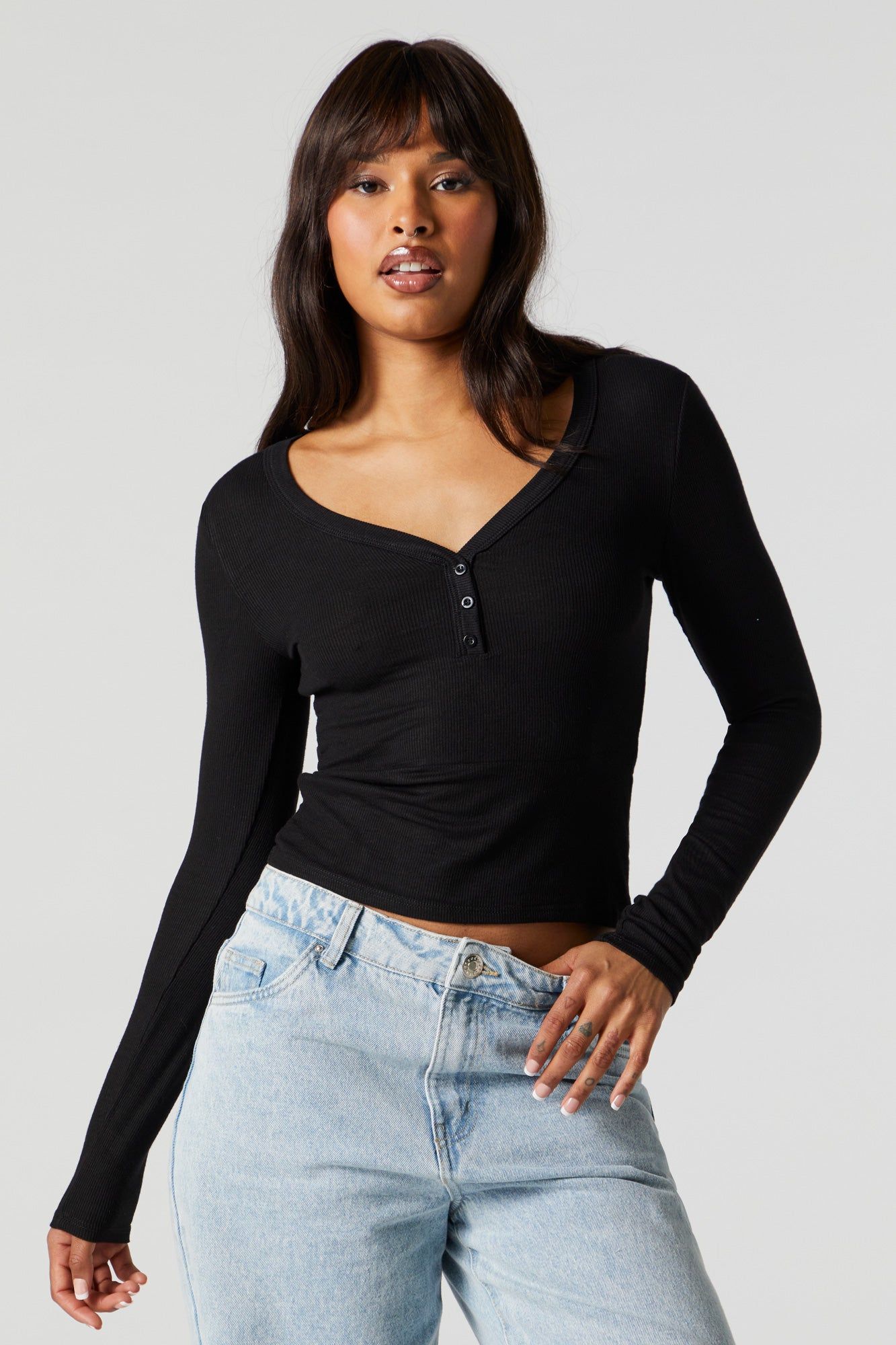 Ribbed Henley Long Sleeve Top sold by Charlotte Russe product image thumbnail 5