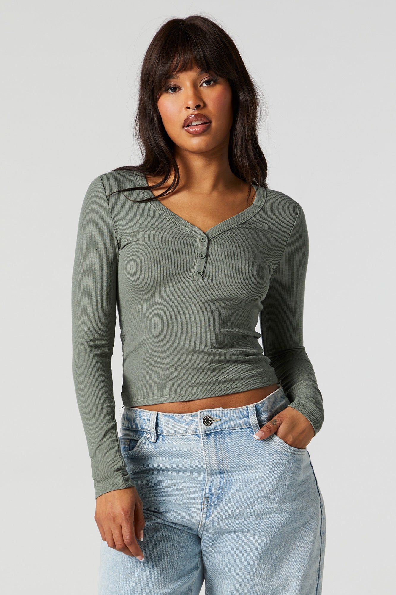Ribbed Henley Long Sleeve Top sold by Charlotte Russe product image thumbnail 2