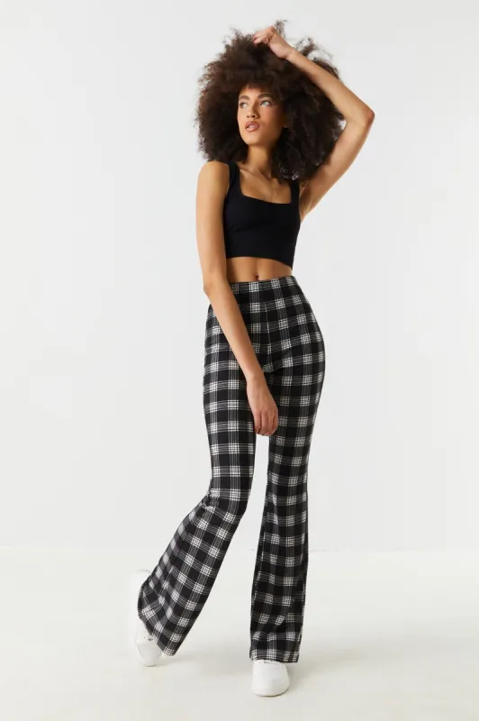 Black Plaid High-Rise Crepe Knit Flare Pant sold by Charlotte Russe