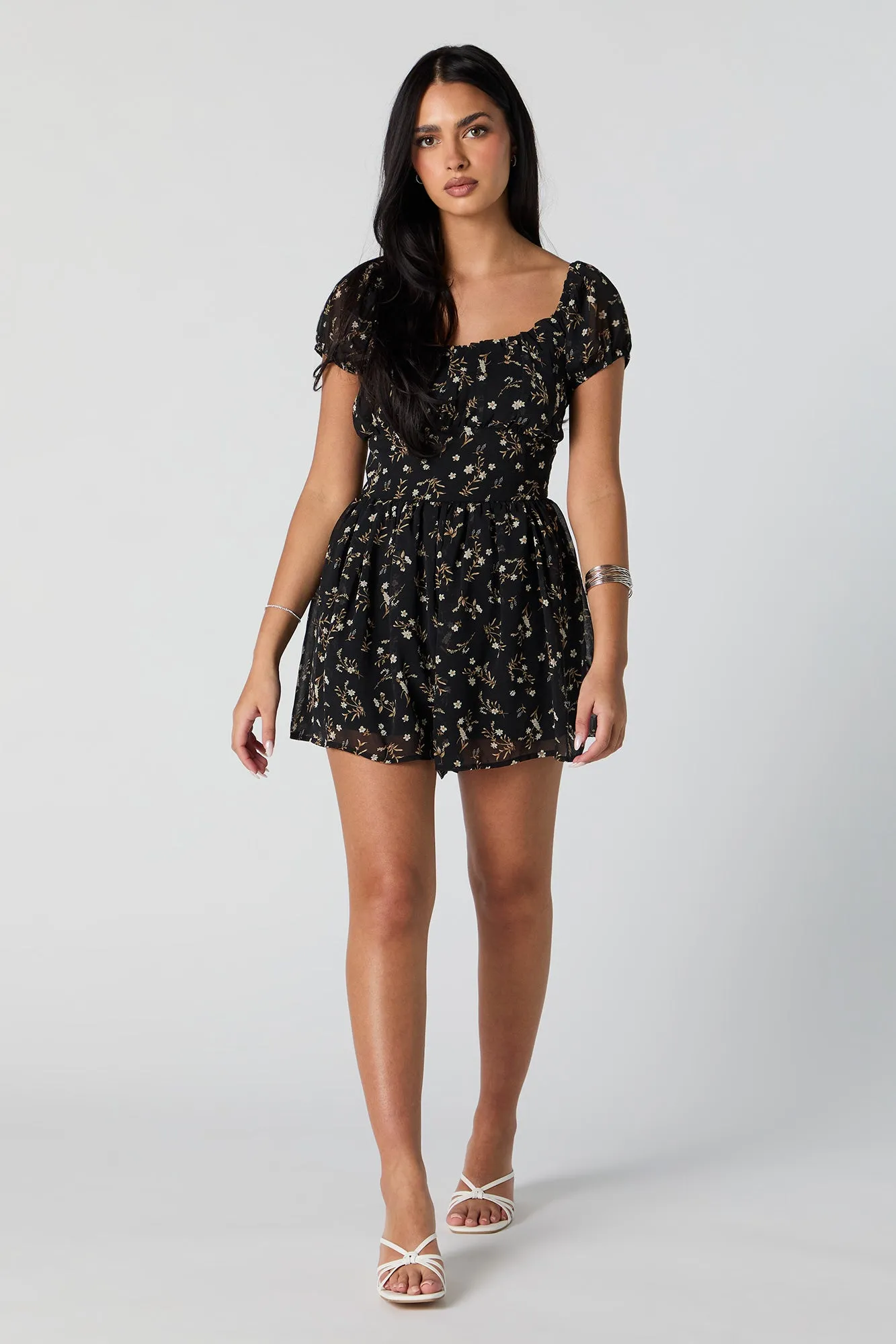 Black Floral Chiffon Milkmaid Romper sold by Charlotte Russe product image thumbnail 3