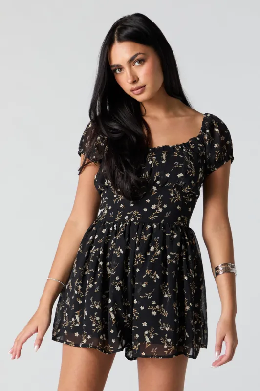 Black Floral Chiffon Milkmaid Romper sold by Charlotte Russe