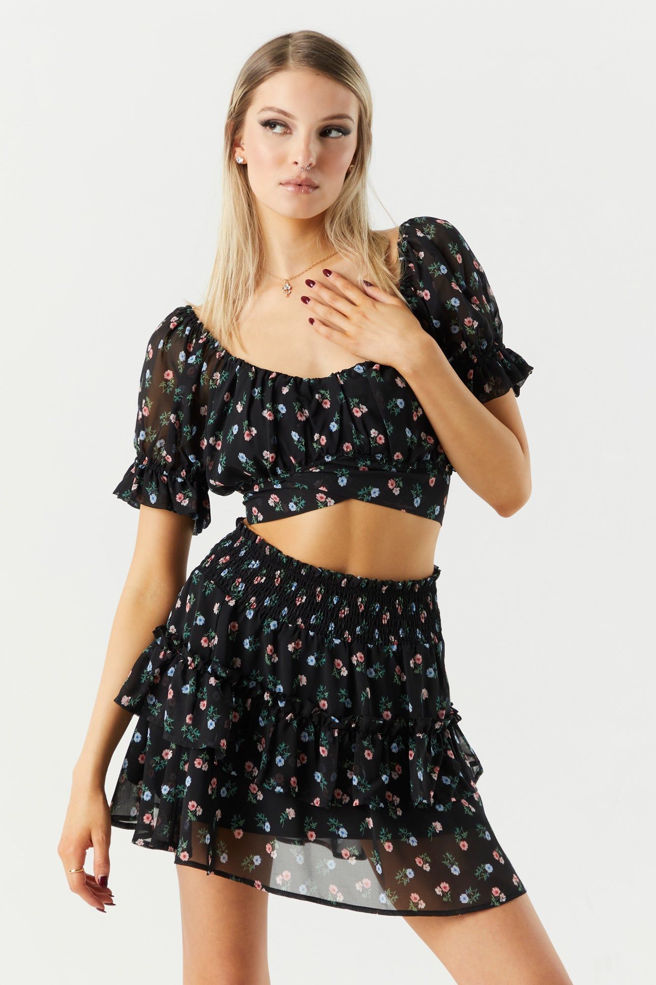 Floral Mesh Milkmaid Top sold by Charlotte Russe