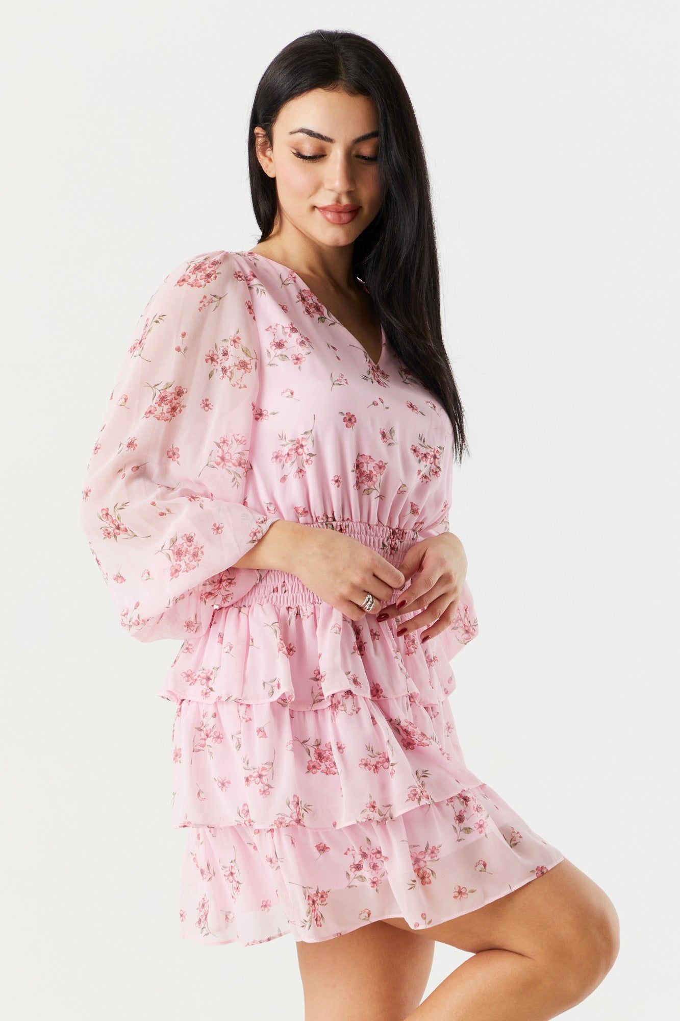 Pink Chiffon Floral Tiered Mini Dress sold by Charlotte Russe