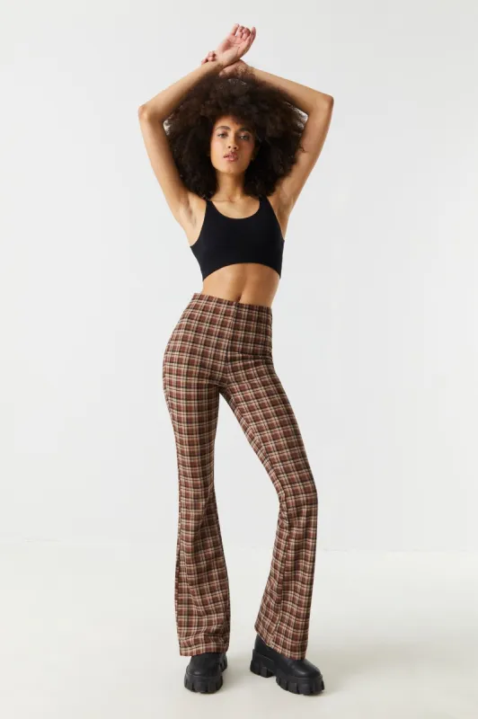 Brown Plaid High-Rise Crepe Knit Flare Pant sold by Charlotte Russe
