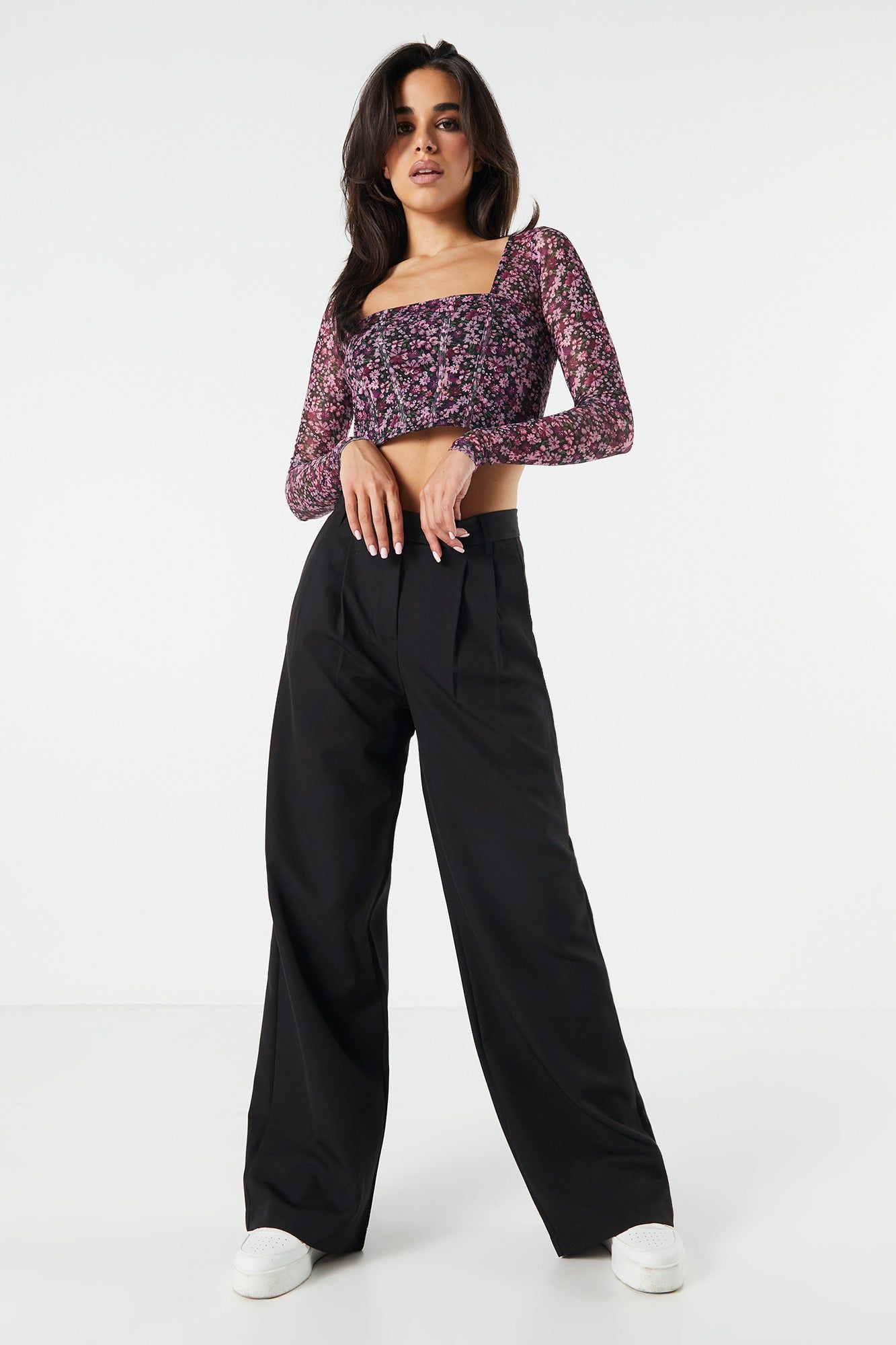 Floral Mesh Corset Cropped Long Sleeve Top sold by Charlotte Russe product image thumbnail 3