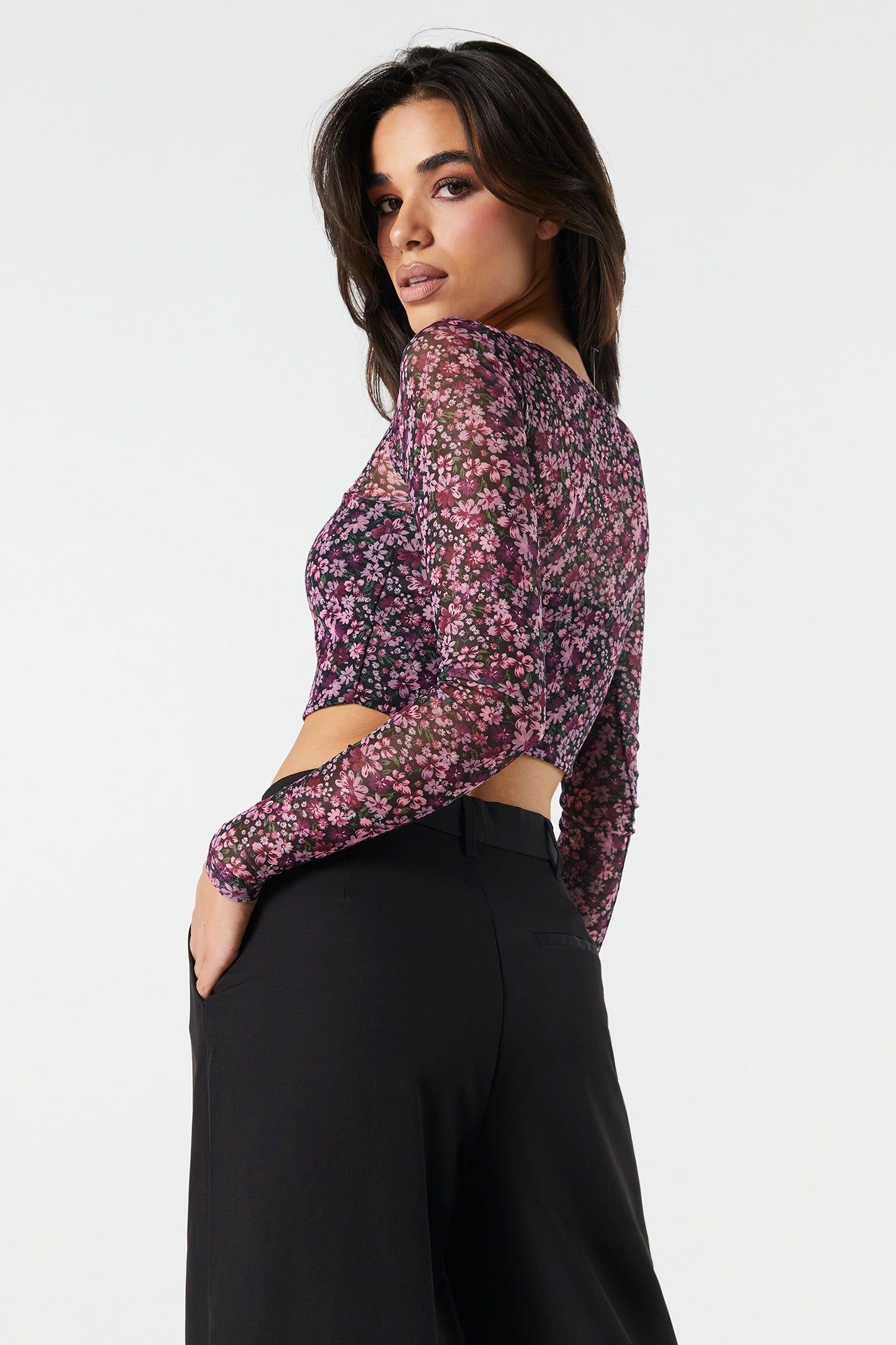Floral Mesh Corset Cropped Long Sleeve Top sold by Charlotte Russe product image thumbnail 2