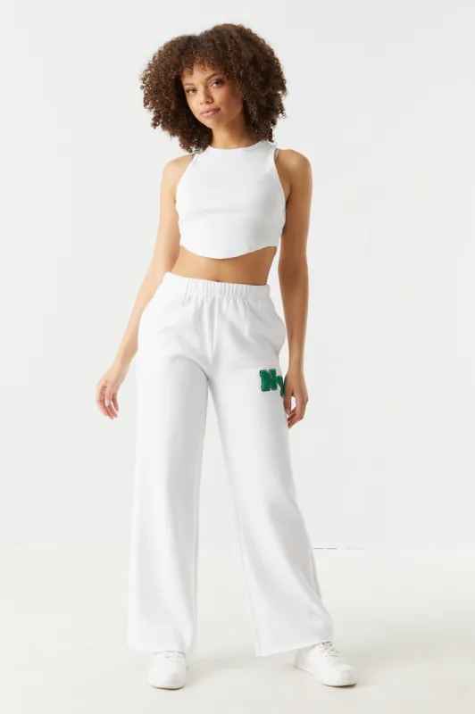 New York Graphic Wide Leg Varsity Jogger sold by Charlotte Russe
