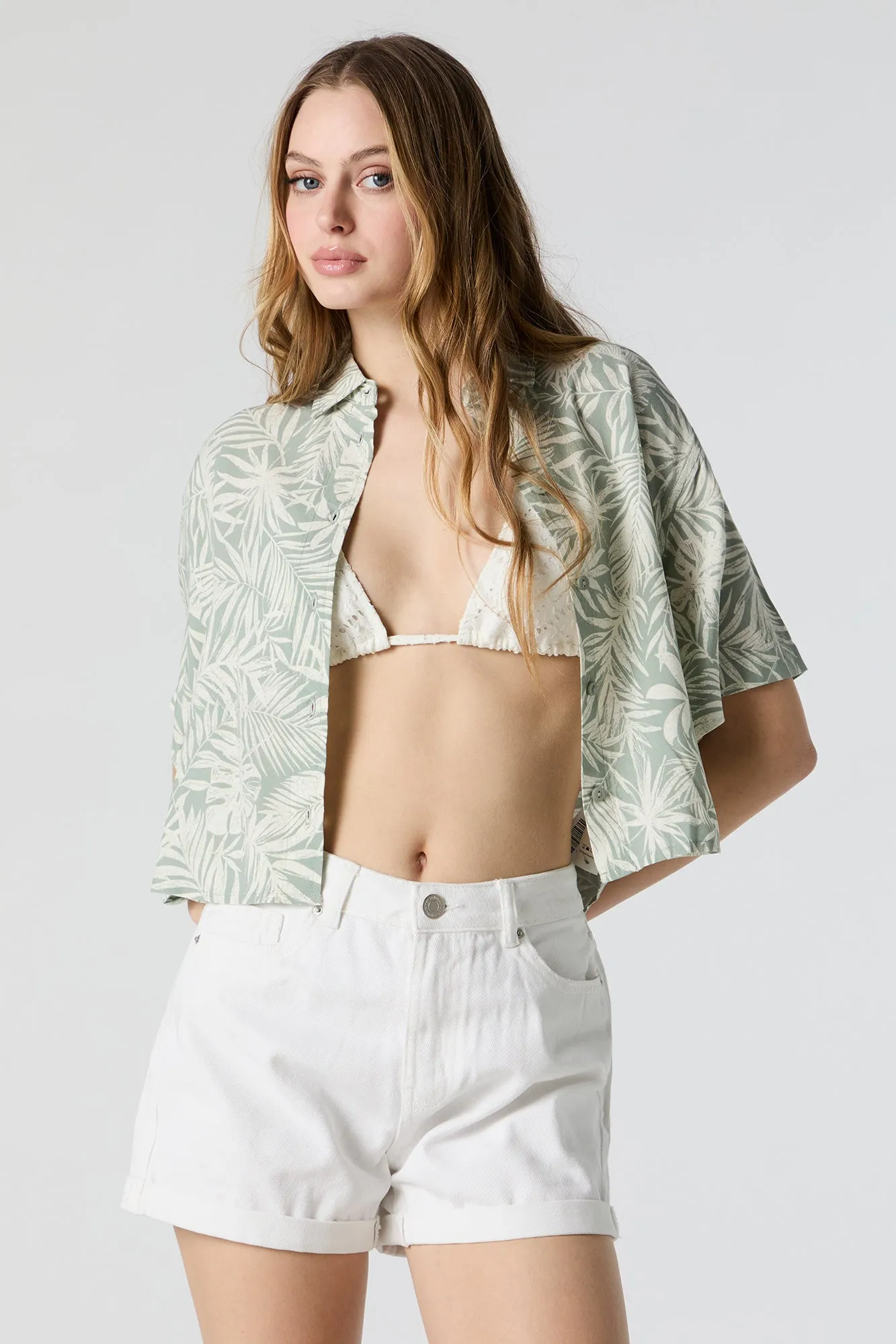 Leaf Print Cropped Button-Up Top sold by Charlotte Russe