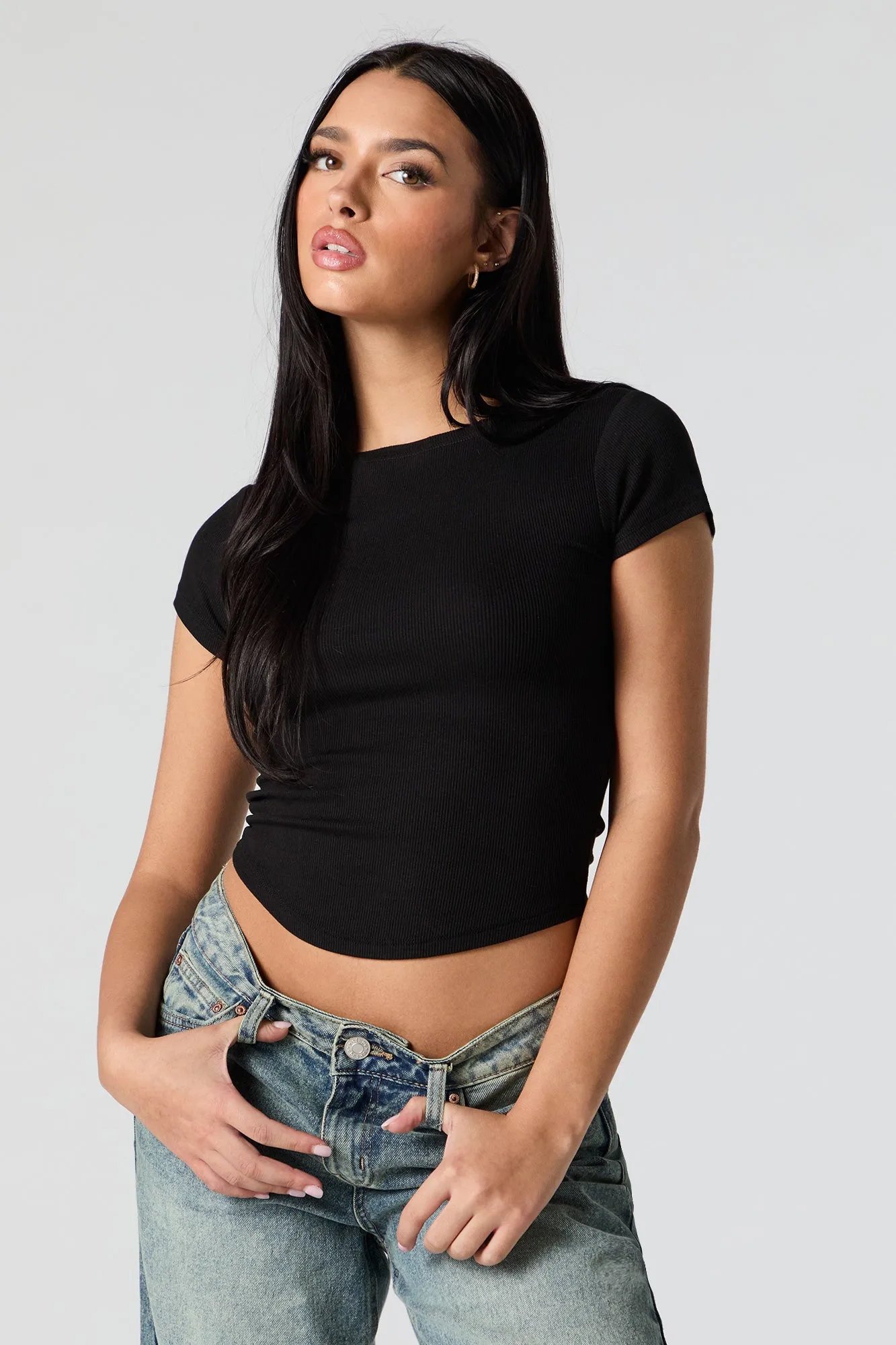 Ribbed Boat Neck Curved Hem T-Shirt sold by Charlotte Russe product image thumbnail 4