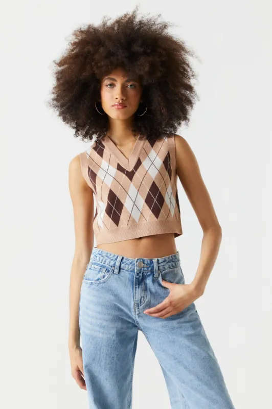 Tan Argyle Print V-Neck Cropped Knit Vest sold by Charlotte Russe