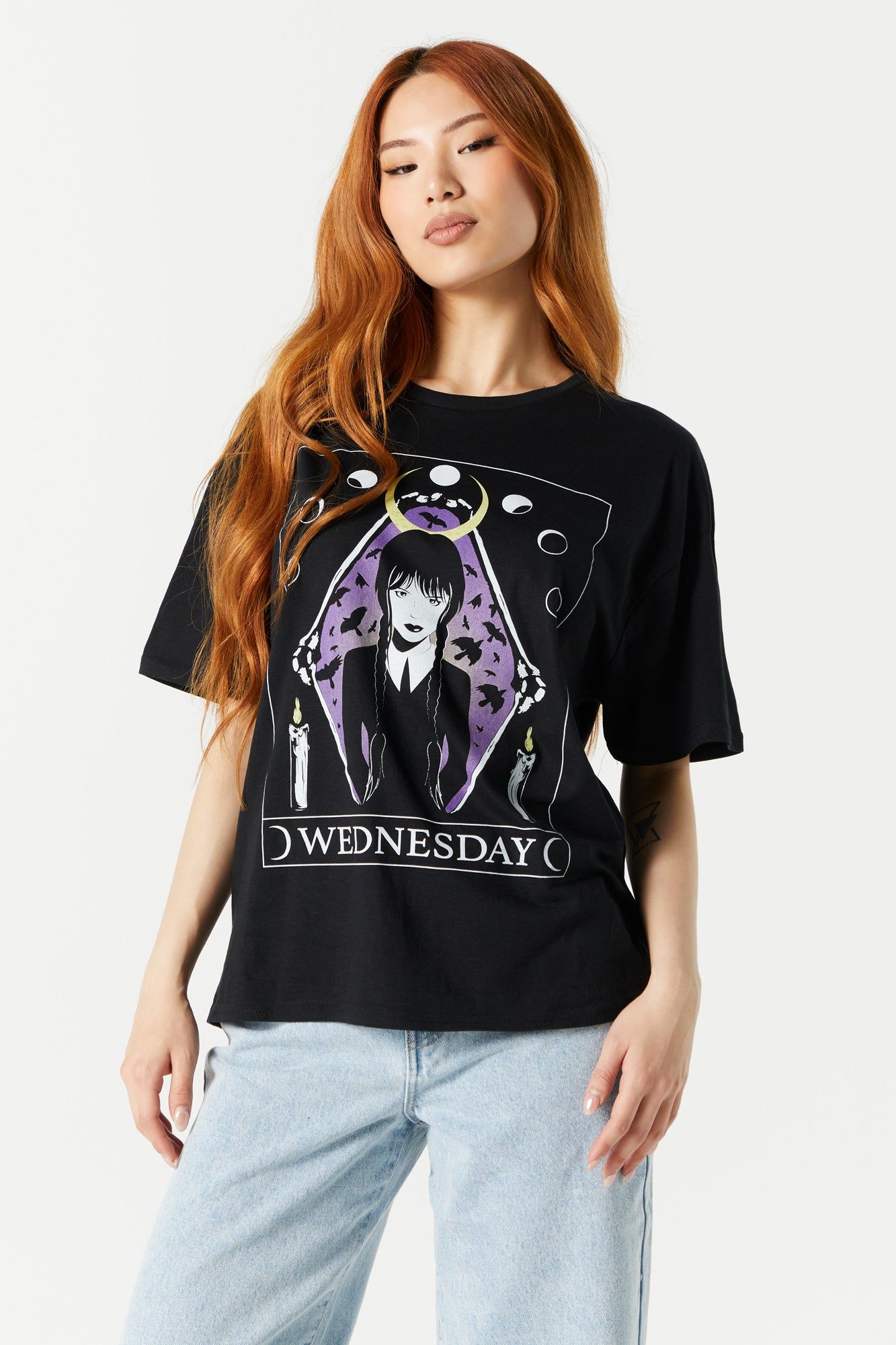 Black Wednesday Addams Graphic Boyfriend T-Shirt sold by Charlotte Russe