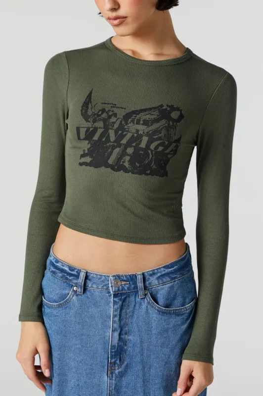 Ribbed Vintage Graphic Long Sleeve Top sold by Charlotte Russe