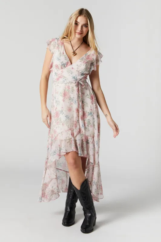 White Floral Print Self Tie High-Low Midi Dress sold by Charlotte Russe