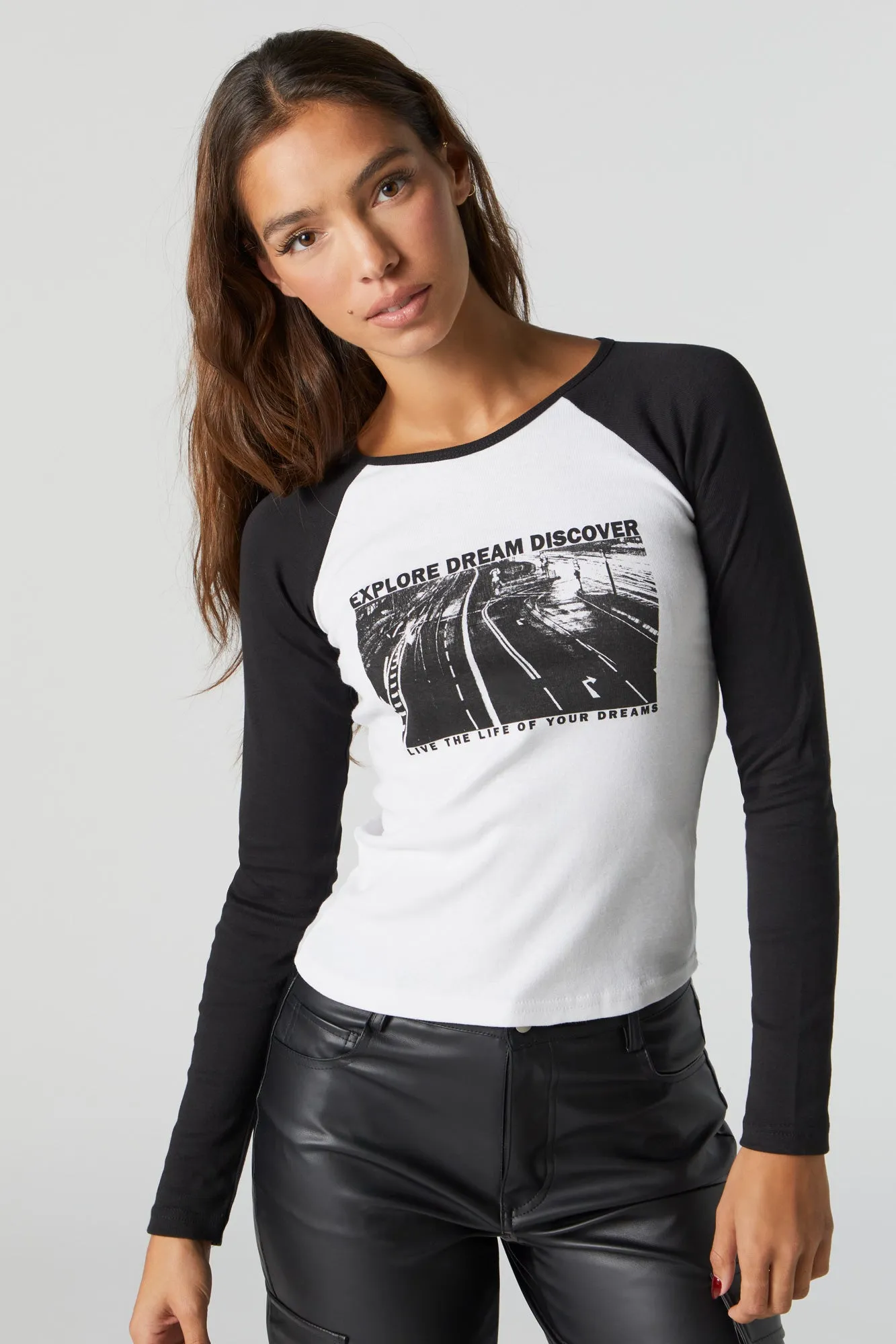 Explore Dream Discover Graphic Raglan Long Sleeve Top sold by Charlotte Russe