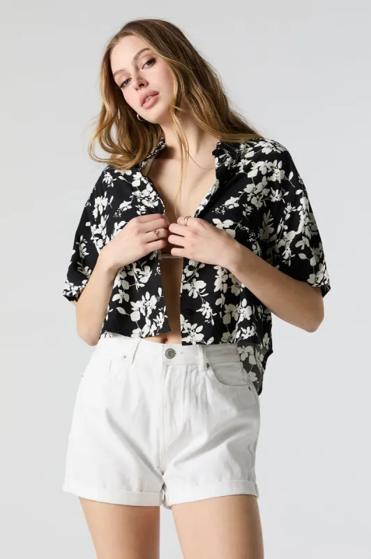 Floral Print Cropped Button-Up Top sold by Charlotte Russe