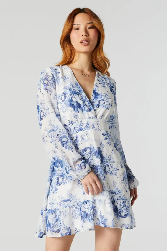 White Floral Chiffon Surplice Long Sleeve Mini Dress sold by Charlotte Russe