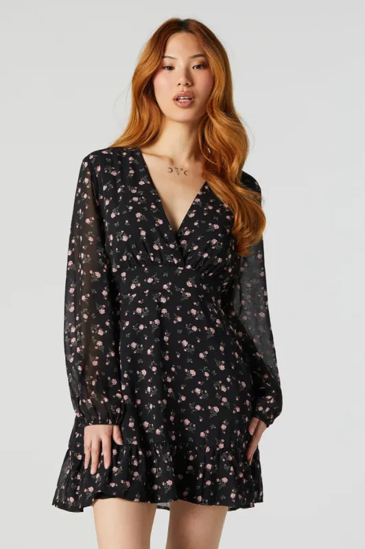 Black Floral Chiffon Surplice Long Sleeve Mini Dress sold by Charlotte Russe
