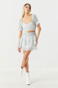 White Floral Mesh Tiered Skirt sold by Charlotte Russe