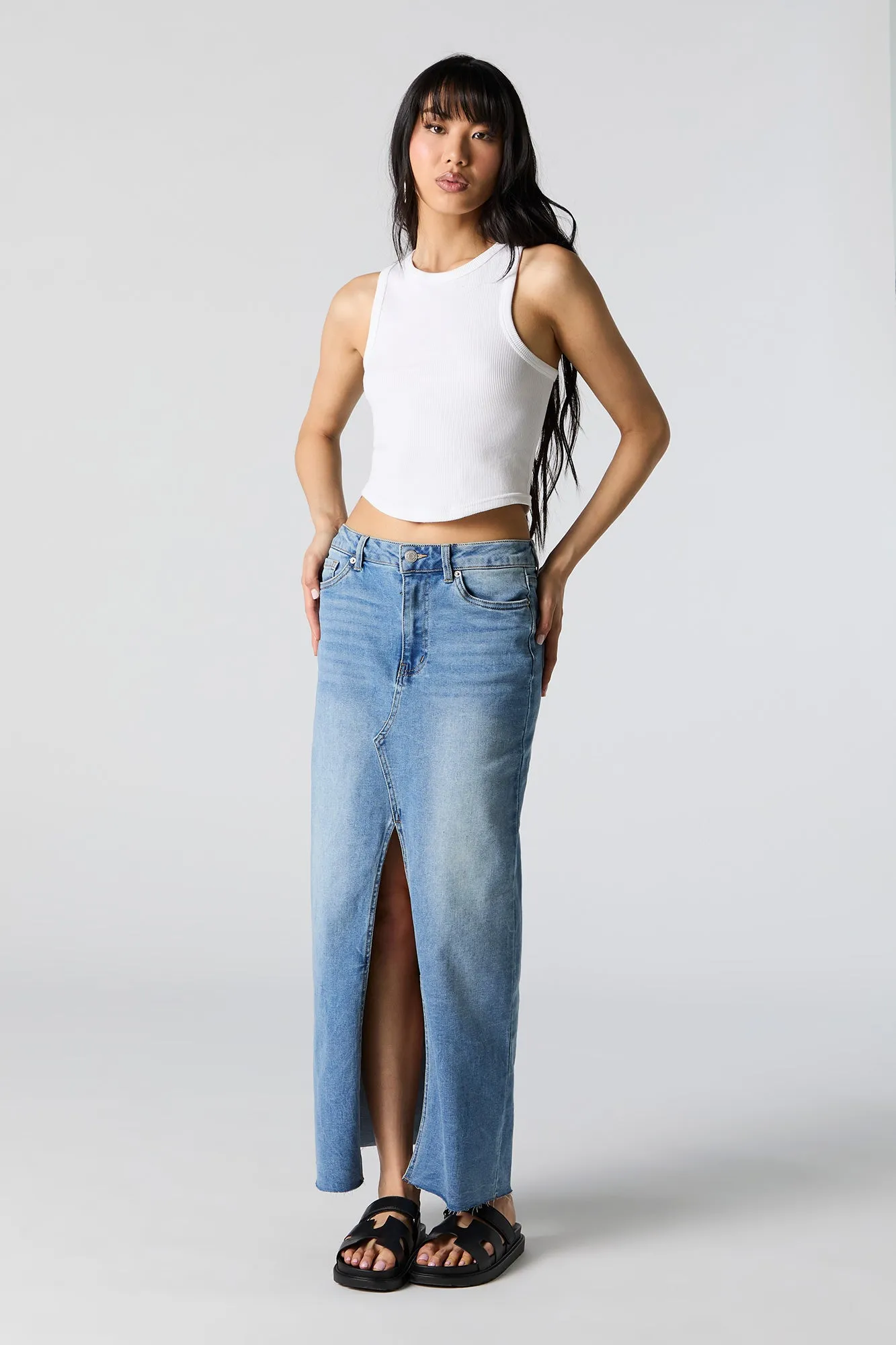 Blue Denim Front Slit Maxi Skirt sold by Charlotte Russe