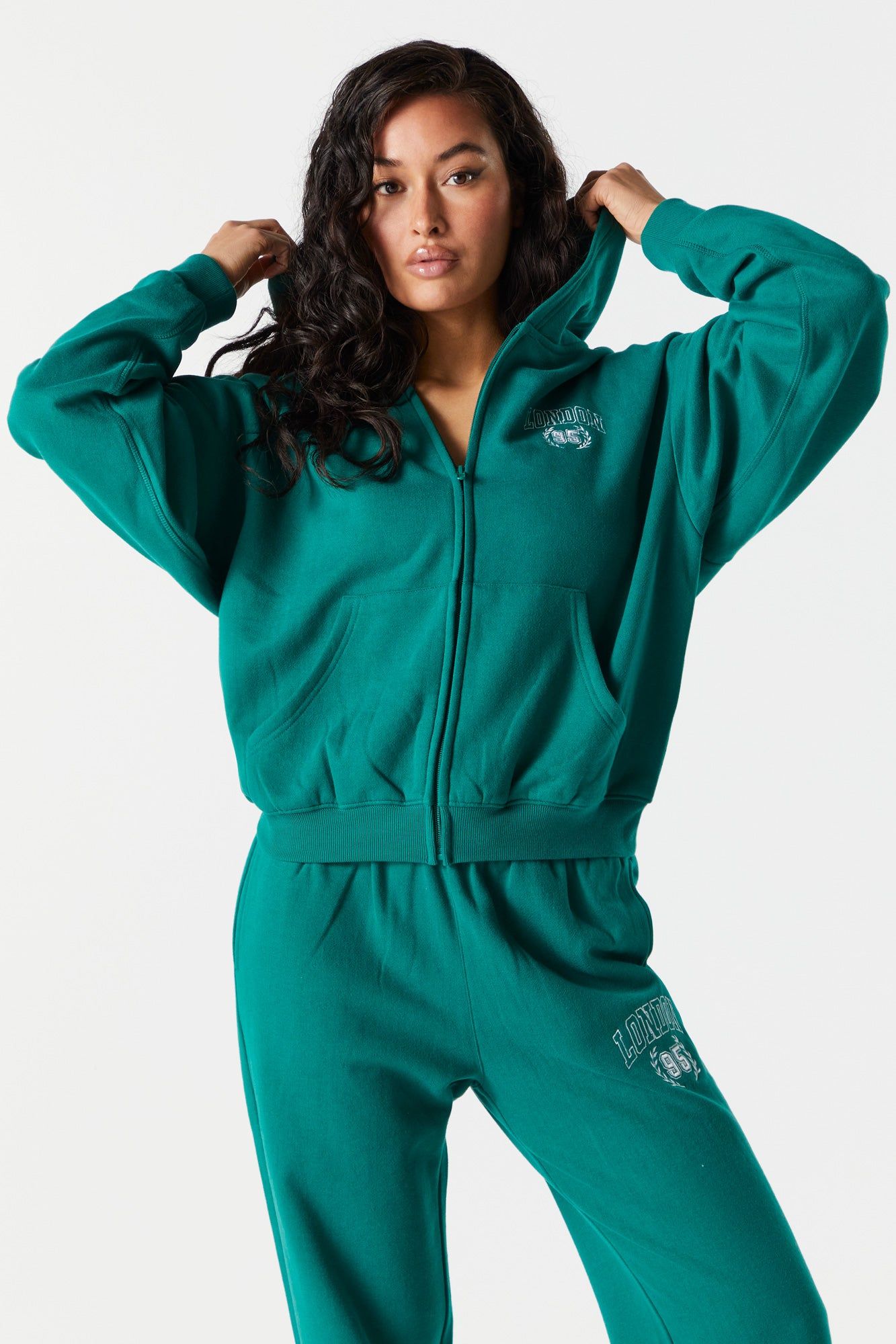 London Embroidered Zip Up Varsity Hoodie sold by Charlotte Russe