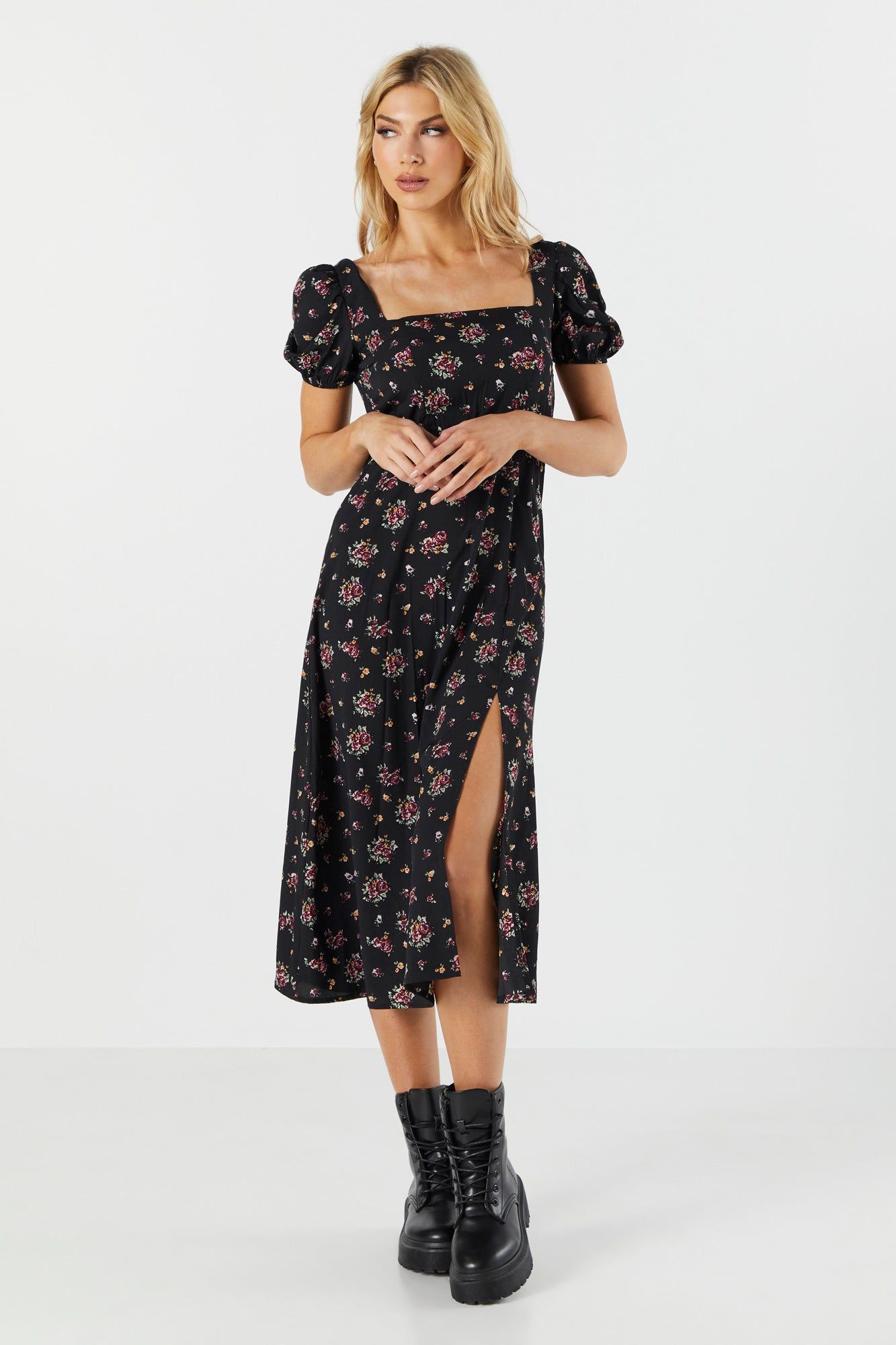 Black Floral Slit Milkmaid Midi Dress sold by Charlotte Russe