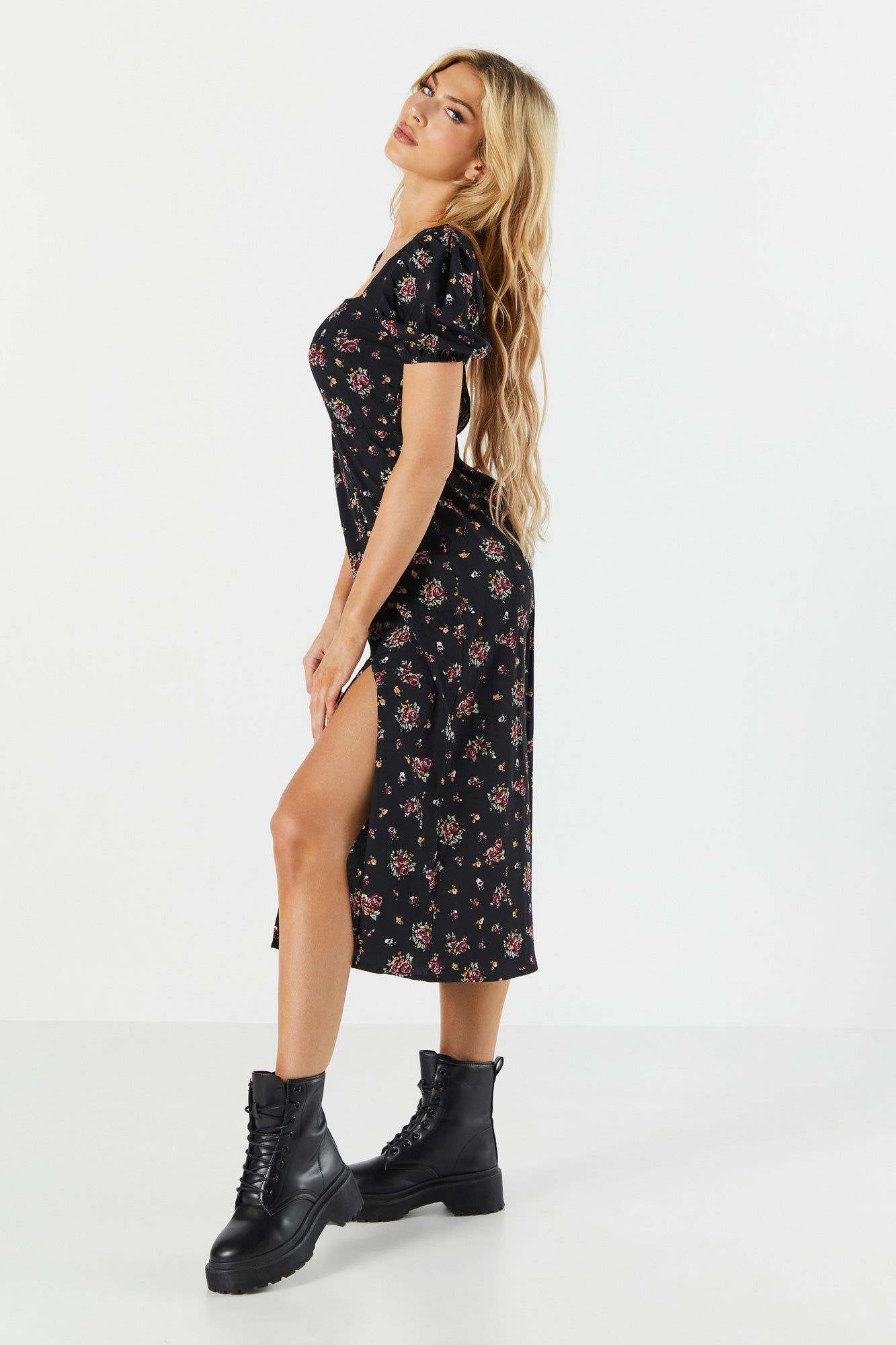 Black Floral Slit Milkmaid Midi Dress sold by Charlotte Russe product image thumbnail 3