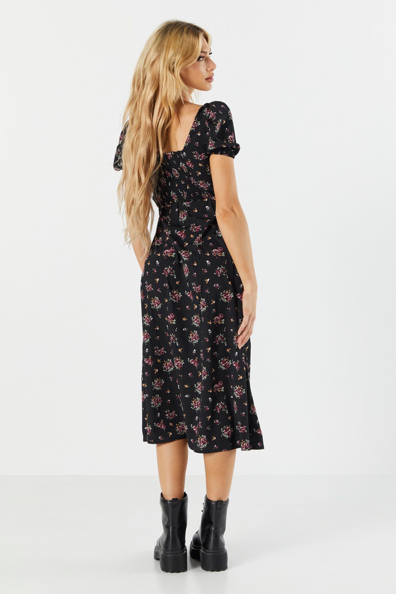 Black Floral Slit Milkmaid Midi Dress sold by Charlotte Russe product image thumbnail 2