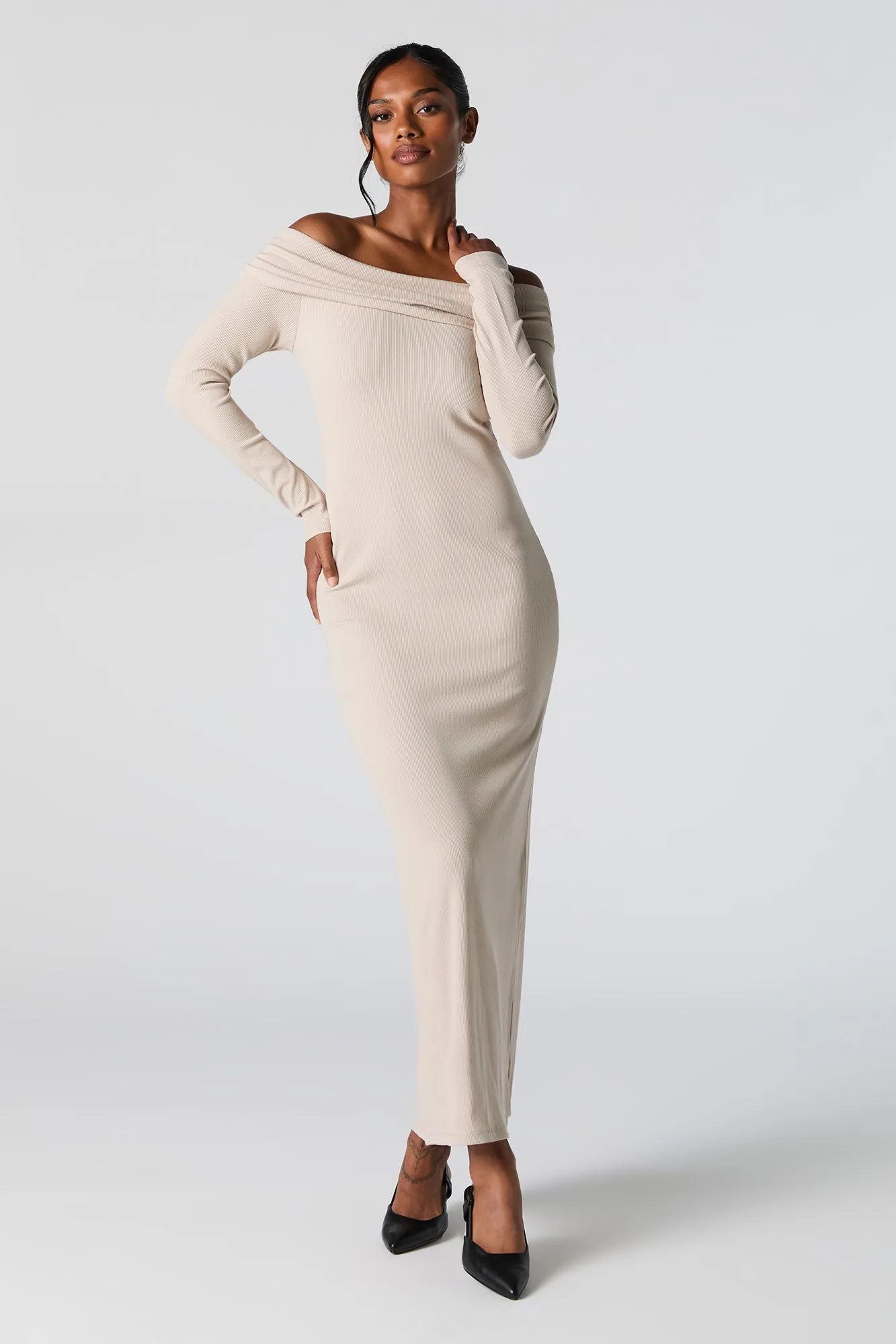 Ribbed Off Shoulder Long Sleeve Maxi Dress sold by Charlotte Russe