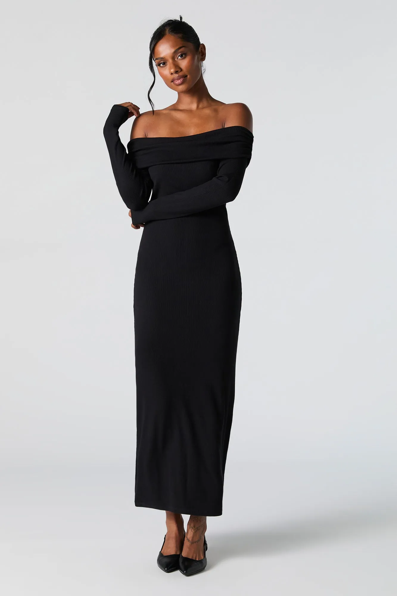 Ribbed Off Shoulder Long Sleeve Maxi Dress sold by Charlotte Russe product image thumbnail 4