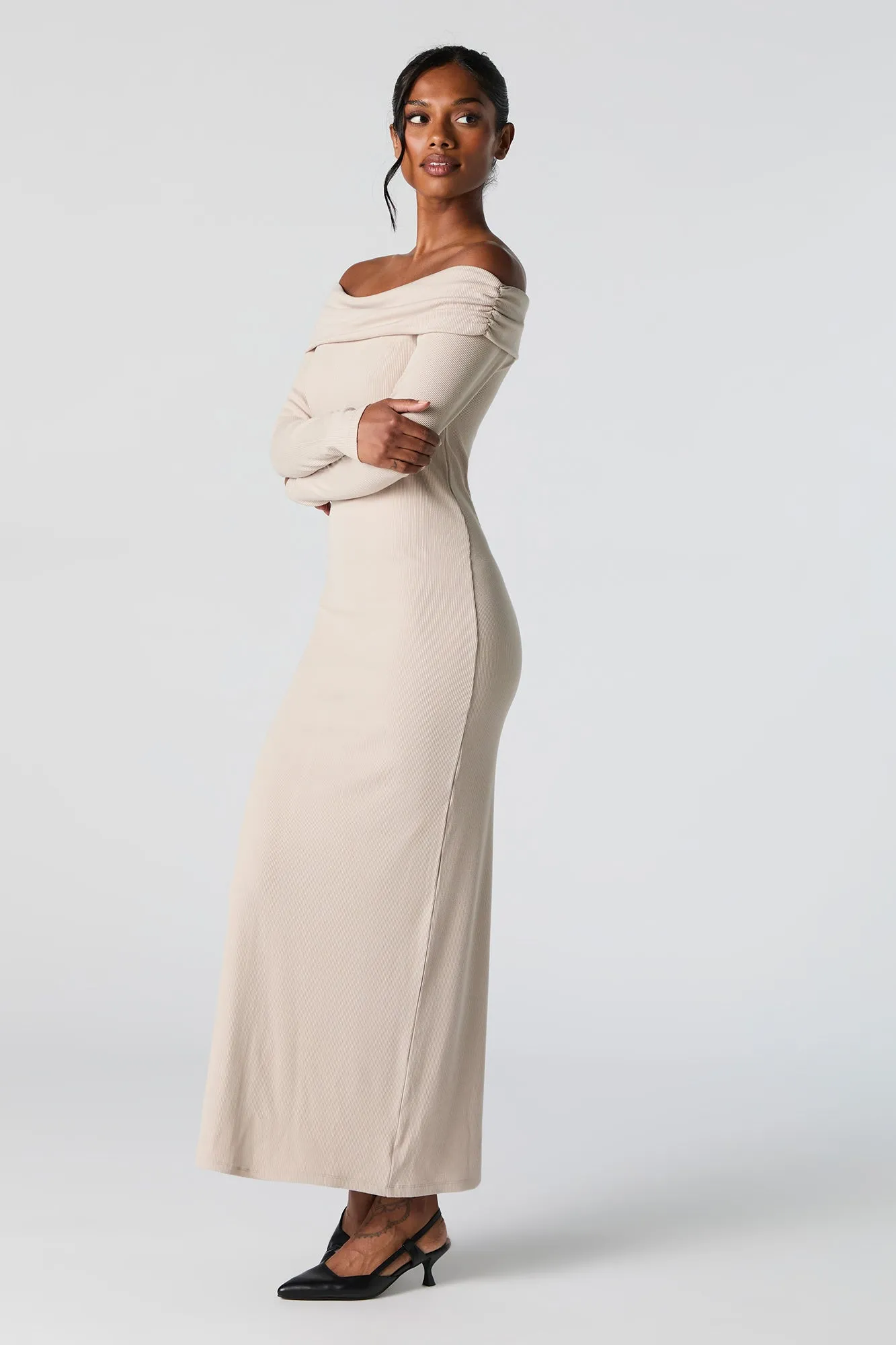 Ribbed Off Shoulder Long Sleeve Maxi Dress sold by Charlotte Russe product image thumbnail 2